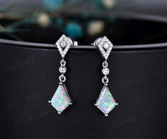 Vintage kite white opal earrings solid 14k white gold halo diamond drop earrings women October birthstone dainty anniversary gift for her
