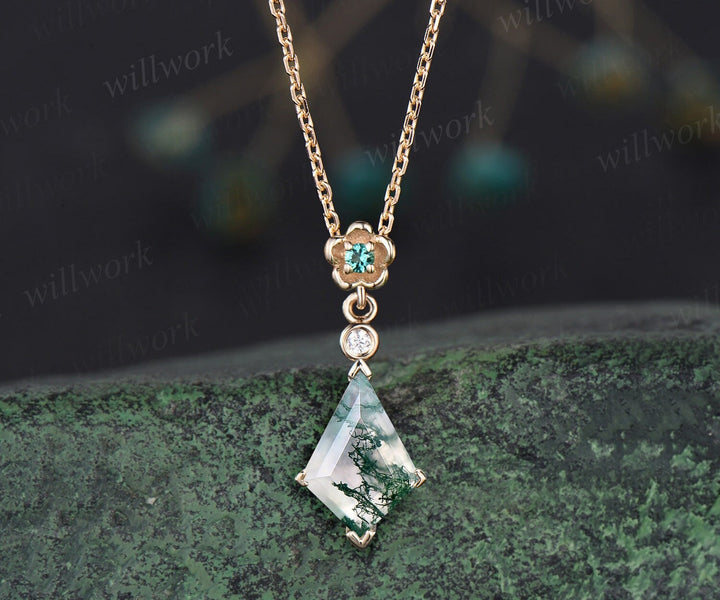 Kite cut natural moss agate necklace solid 14k 18k yellow gold bezel diamond floral emerald pendant women her anniversary bridal gift mother