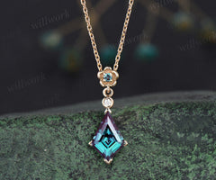 Vintage kite cut Alexandrite necklace solid 14k yellow gold three stone floral bezel diamond pendant women dainty anniversary gift mother