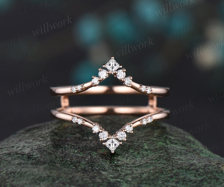Double V curved diamond wedding band enhancer wraps solid 14k rose gold stacking matching vintage unique bridal anniversary ring women gift