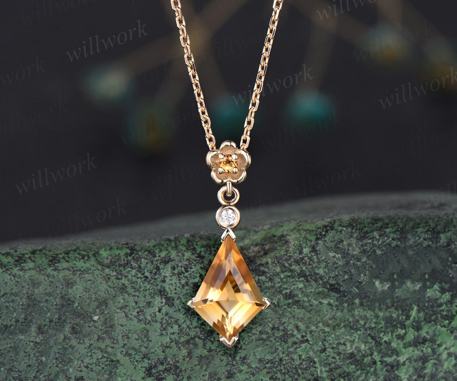 Authentic Yellow Citrine Three Stone Necklace For Women in 14k Solid Gold