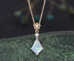 Kite cut white opal necklace solid 14k 18k yellow gold bezel diamond floral pendant women dainty anniversary bridal gift mother jewelry