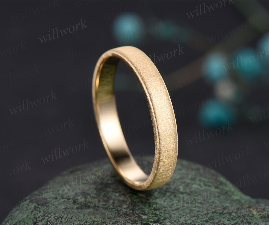 Solitaire brushed wedding band mens solid 14k 18k yellow gold vintage full eternity bridal anniversary ring gift men