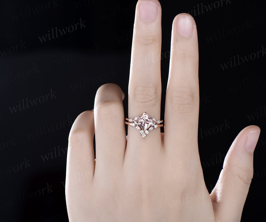 Princess cut morganite engagement ring set solid 14k rose gold cluster marquise cut diamond promise wedding bridal ring set women jewelry