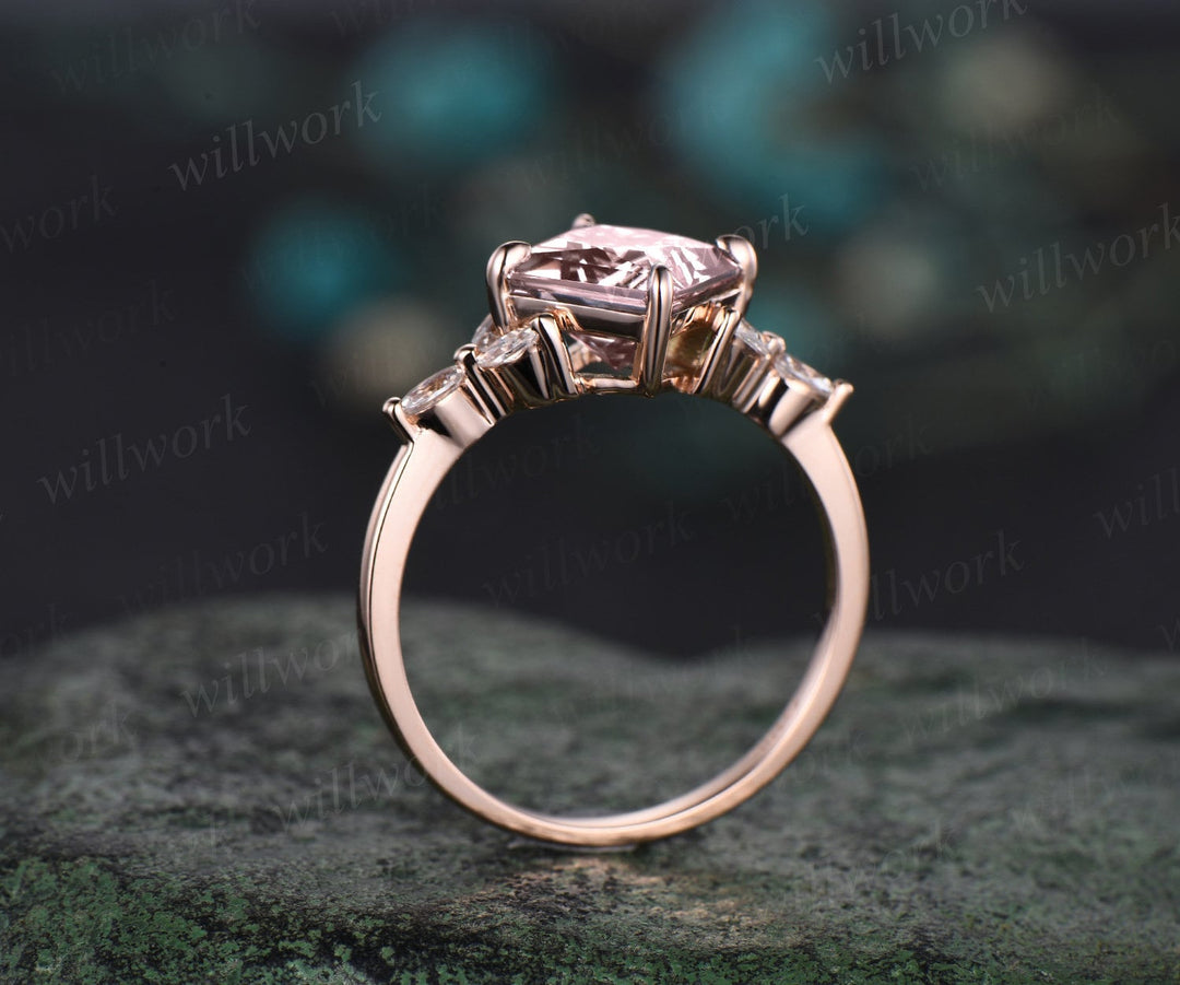 Princess cut morganite engagement ring set solid 14k rose gold cluster marquise cut diamond promise wedding bridal ring set women jewelry