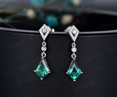 Vintage kite cut green emerald earrings solid 14k white gold halo diamond drop earrings women May birthstone dainty anniversary gift for her
