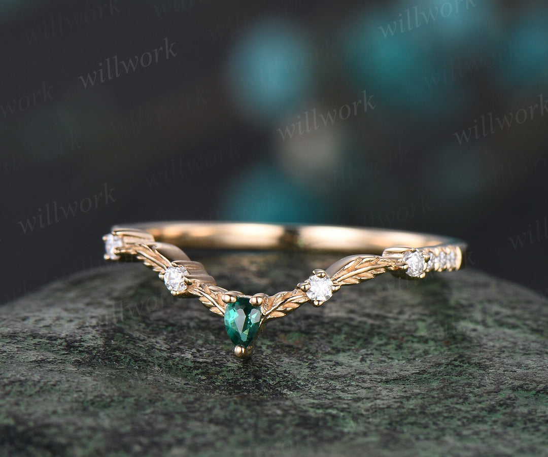 Vintage pear emerald diamond wedding band solid 14k yellow gold art deco leaf nature inspired stacking bridal anniversary ring women gfit