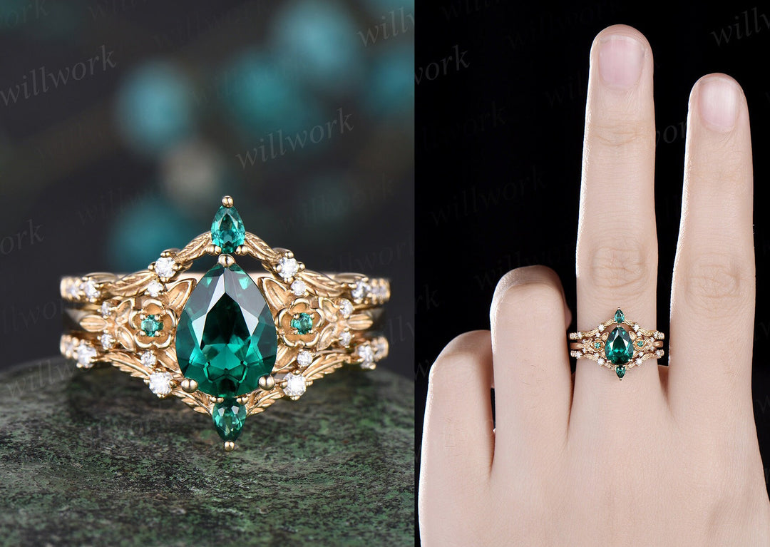 Vintage pear emerald diamond wedding band solid 14k yellow gold art deco leaf nature inspired stacking bridal anniversary ring women gfit