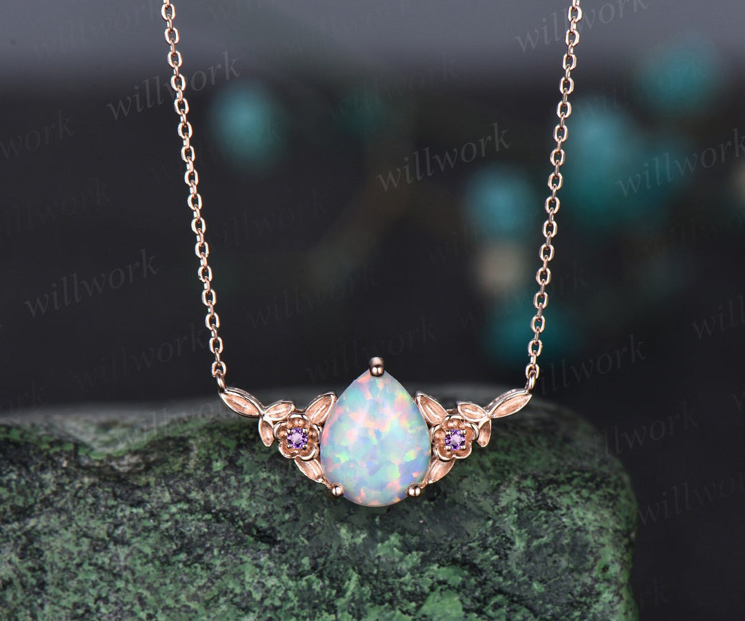 Pear white opal necklace solid 14k rose gold three stone art deco leaf nature inspired amethyst pendant women twig anniversary gift mother