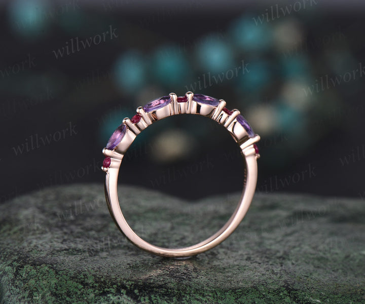 Natural red ruby Marquise cut amethyst wedding band solid 14k rose gold dainty stacking matching anniversary ring women gift
