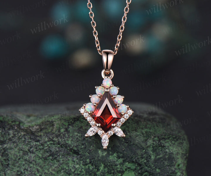 Kite cut red garnet necklace solid 14k 18k rose gold vintage unique halo opal diamond pendant women her anniversary bridal gift mother