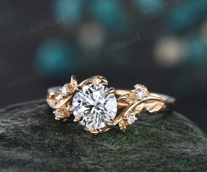 Vintage 1ct round cut Lab grown diamond engagement ring 14k yellow gold leaf five stone diamond anniversary promise wedding ring women gift