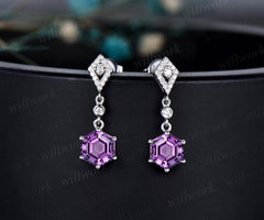 Vintage 1ct hexagon cut amethyst earrings women solid 14k white gold kite halo diamond drop earrings anniversary gift for her