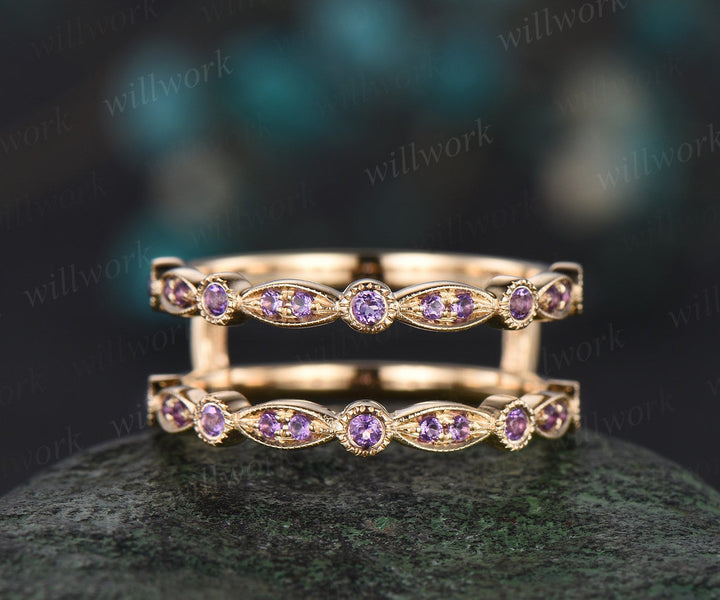 Double purple amethyst wedding band enhancer wraps solid 14k yellow gold half eternity milgrain anniversary ring gift gemstone