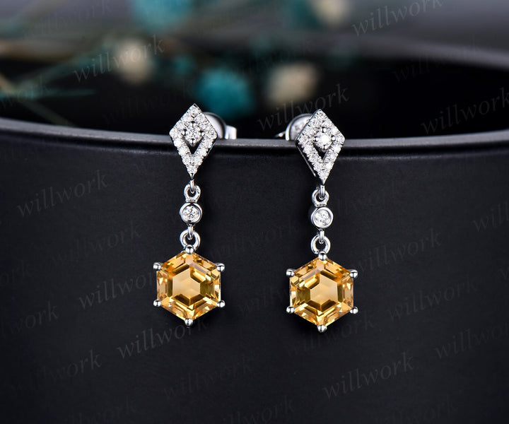Vintage hexagon cut citrine earrings women solid 14k yellow gold kite halo diamond drop earrings Crystal gemstone anniversary gift for her