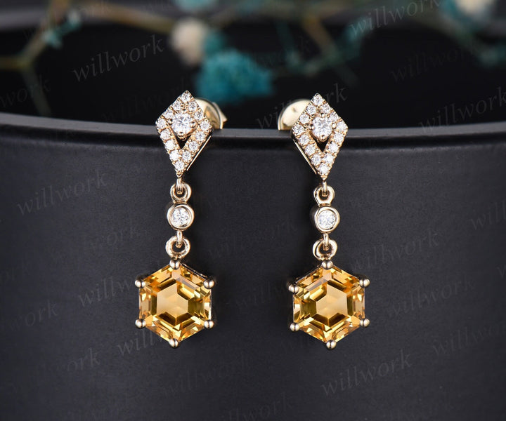 Vintage hexagon cut citrine earrings women solid 14k yellow gold kite halo diamond drop earrings Crystal gemstone anniversary gift for her