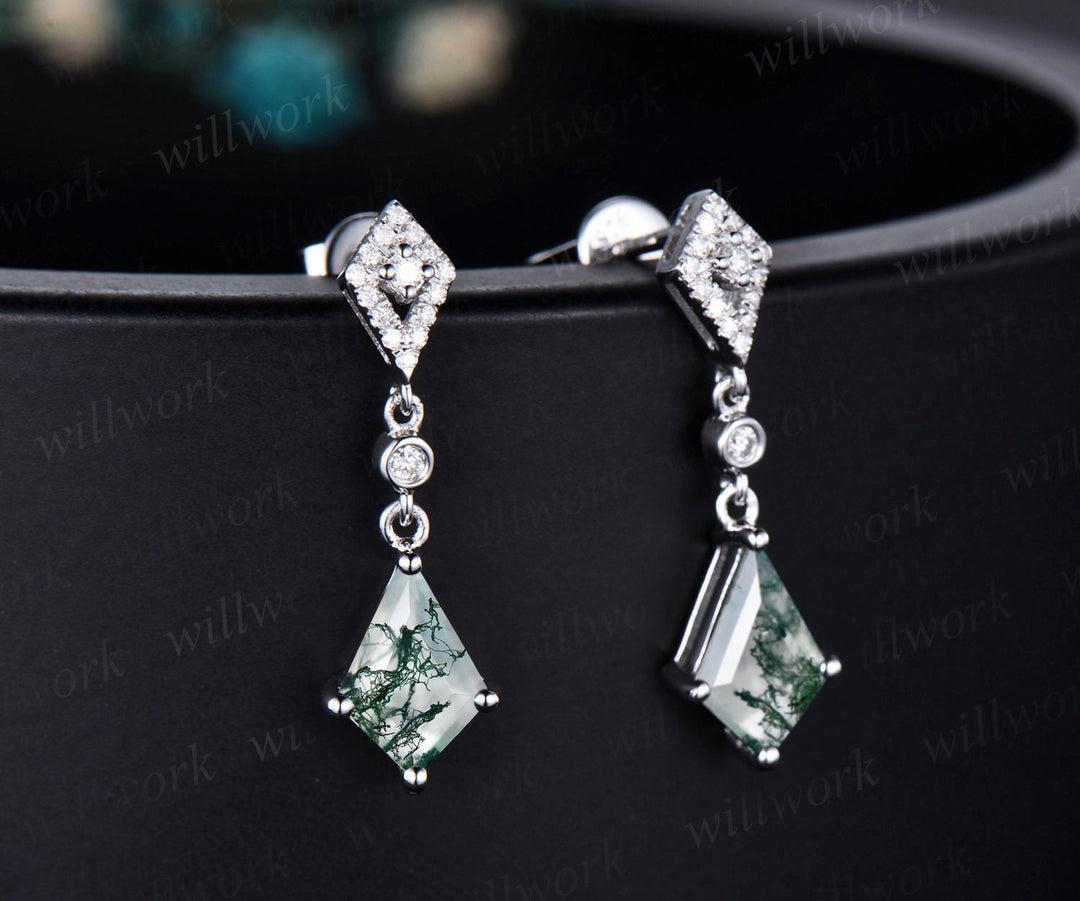 Unique kite cut green moss agate earrings solid 14k white gold halo diamond drop earrings women natural gemstone anniversary gift for her