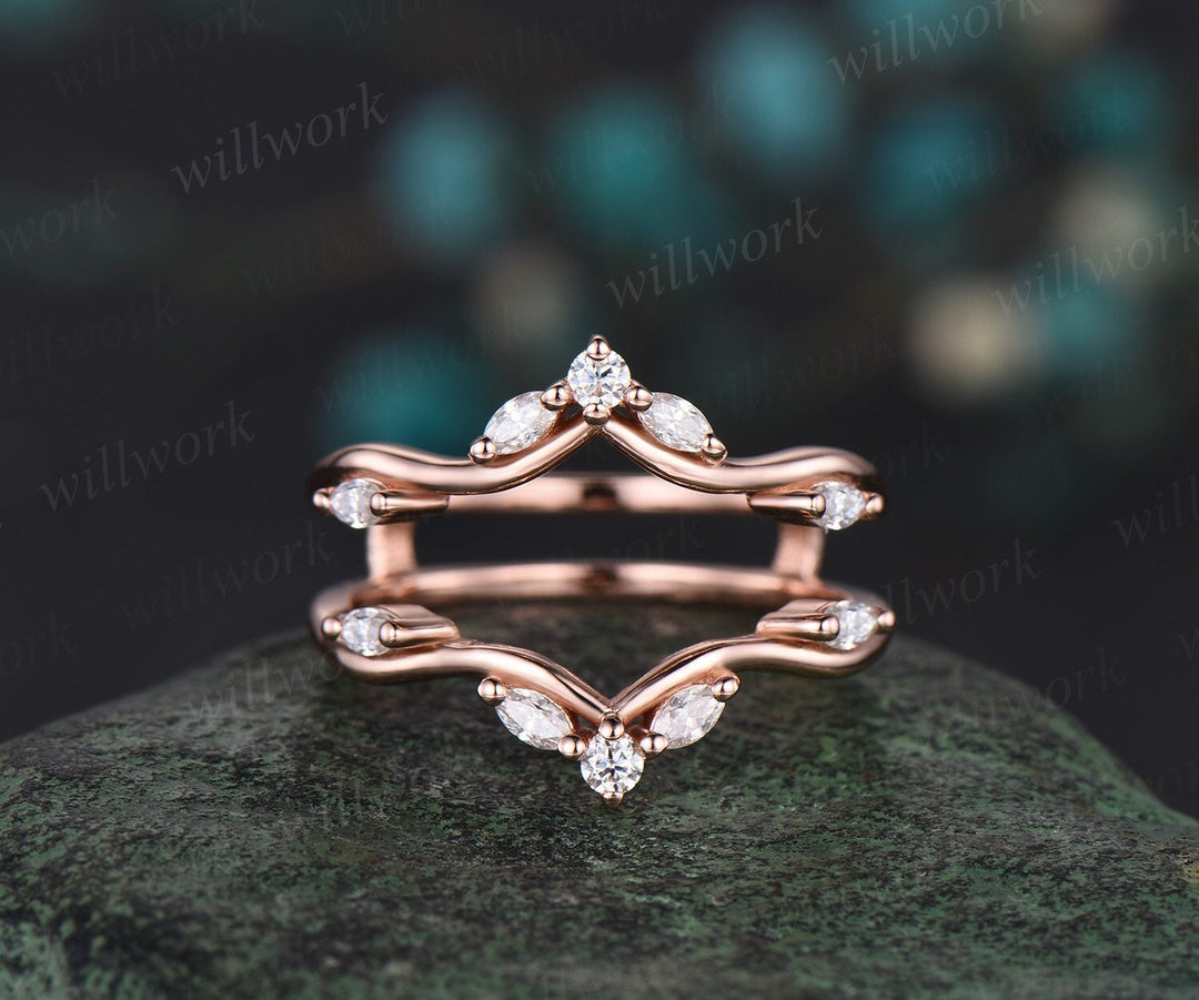 Double curved diamond wedding band enhancer wraps solid 14k rose gold art deco stacking twisted moissanite anniversary ring band gift