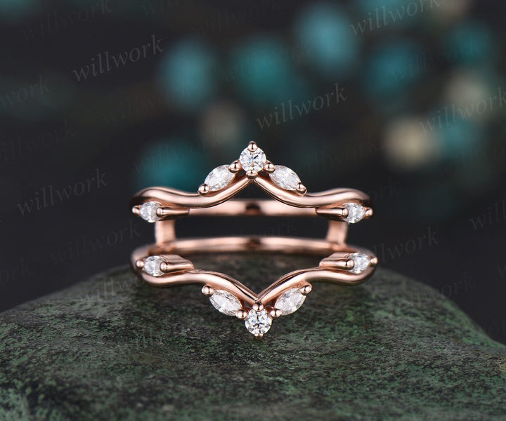 Double curved diamond wedding band enhancer wraps solid 14k rose gold art deco stacking twisted moissanite anniversary ring band gift