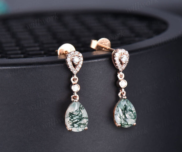 Vintage pear shaped green moss agate earrings solid 14k rose gold halo diamond drop earrings women dainty anniversary gift for her