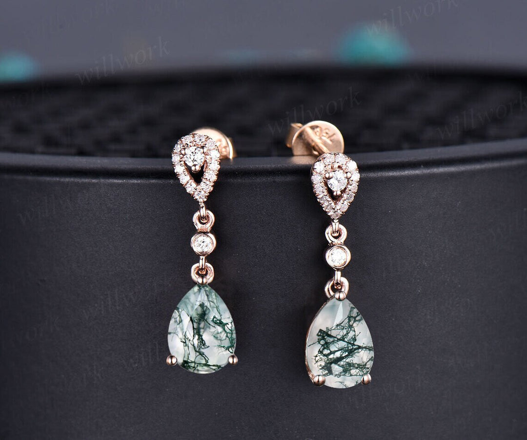 Vintage pear shaped green moss agate earrings solid 14k rose gold halo diamond drop earrings women dainty anniversary gift for her