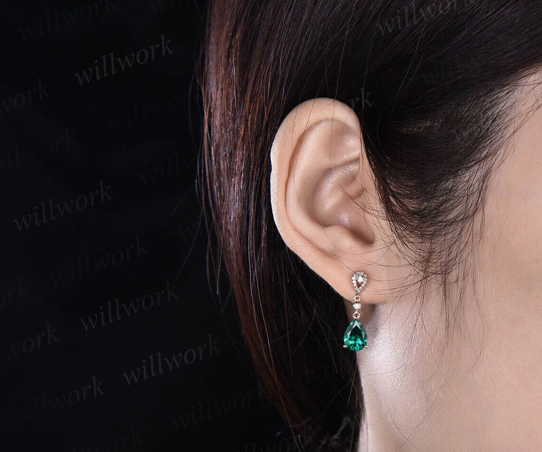 Pear shaped green emerald earrings solid 14k rose gold halo diamond drop earrings women bridal anniversary gift for her jewelry