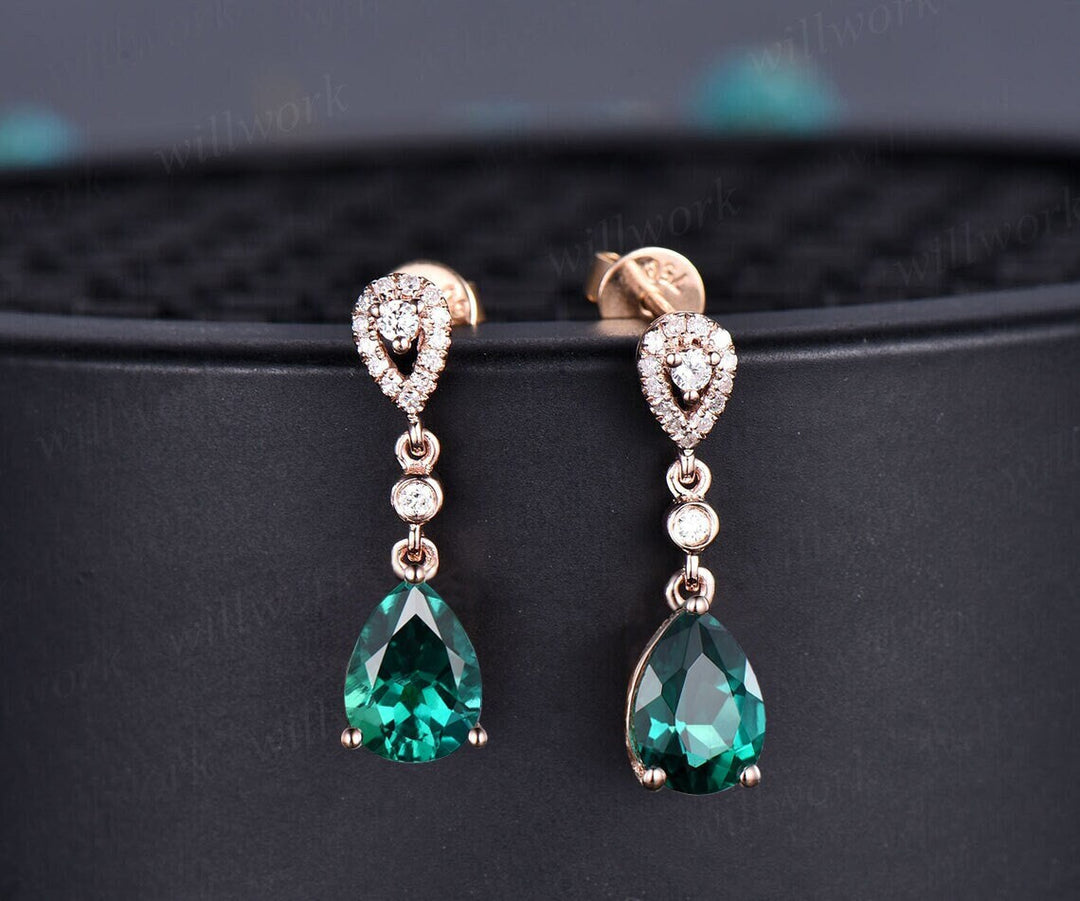 Pear shaped green emerald earrings solid 14k rose gold halo diamond drop earrings women bridal anniversary gift for her jewelry