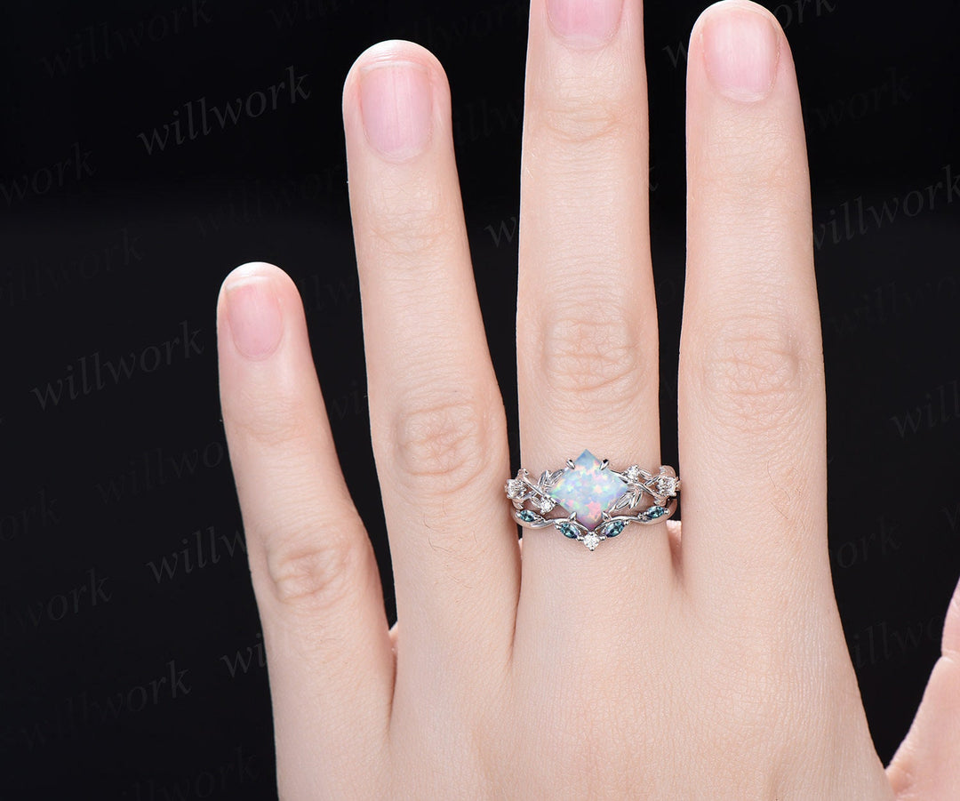 Princess white opal engagement ring set 14k rose gold five stone leaf branch Nature inspired alexandrite diamond bridal ring set women gift