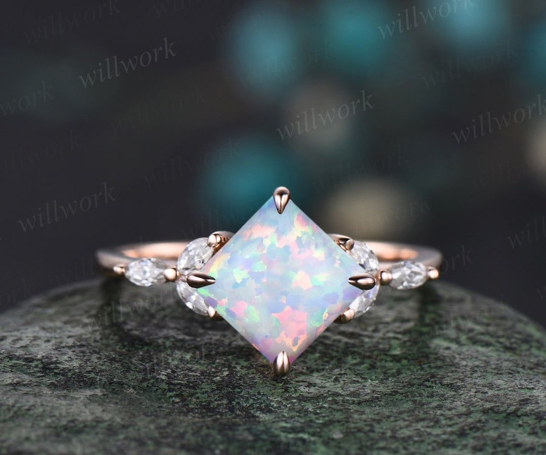 Princess white opal ring vintage rose gold unique engagement ring women claw prong cluster marquise cut diamond promise anniversary ring set