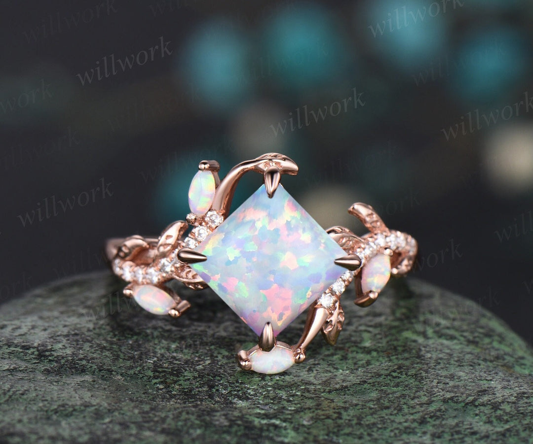 Vintage princess white opal engagement ring rose gold leaf nature inspired branch half eternity diamond opal anniversary ring women gift