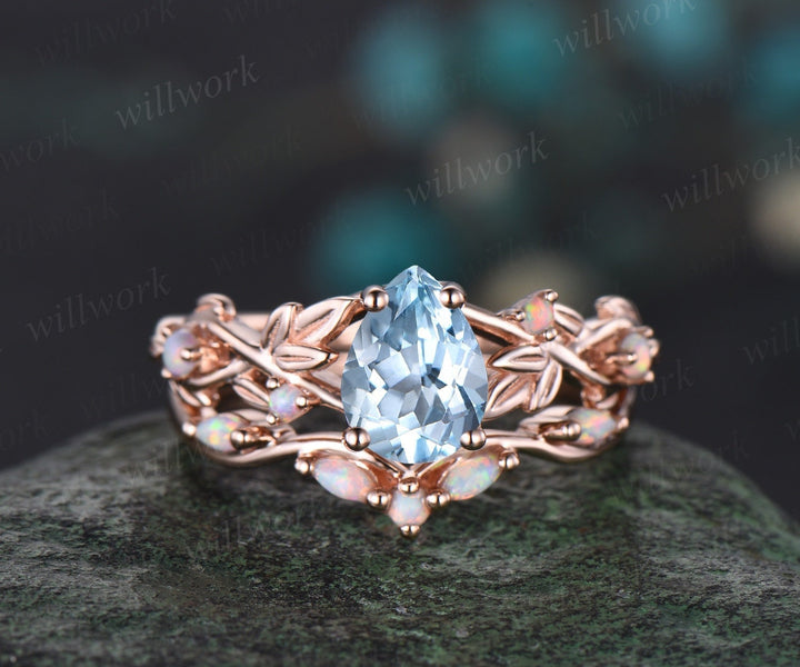 Pear shaped aquamarine engagement ring solid 14k rose gold leaf nature inspired opal ring women antique bridal wedding ring set jewelry