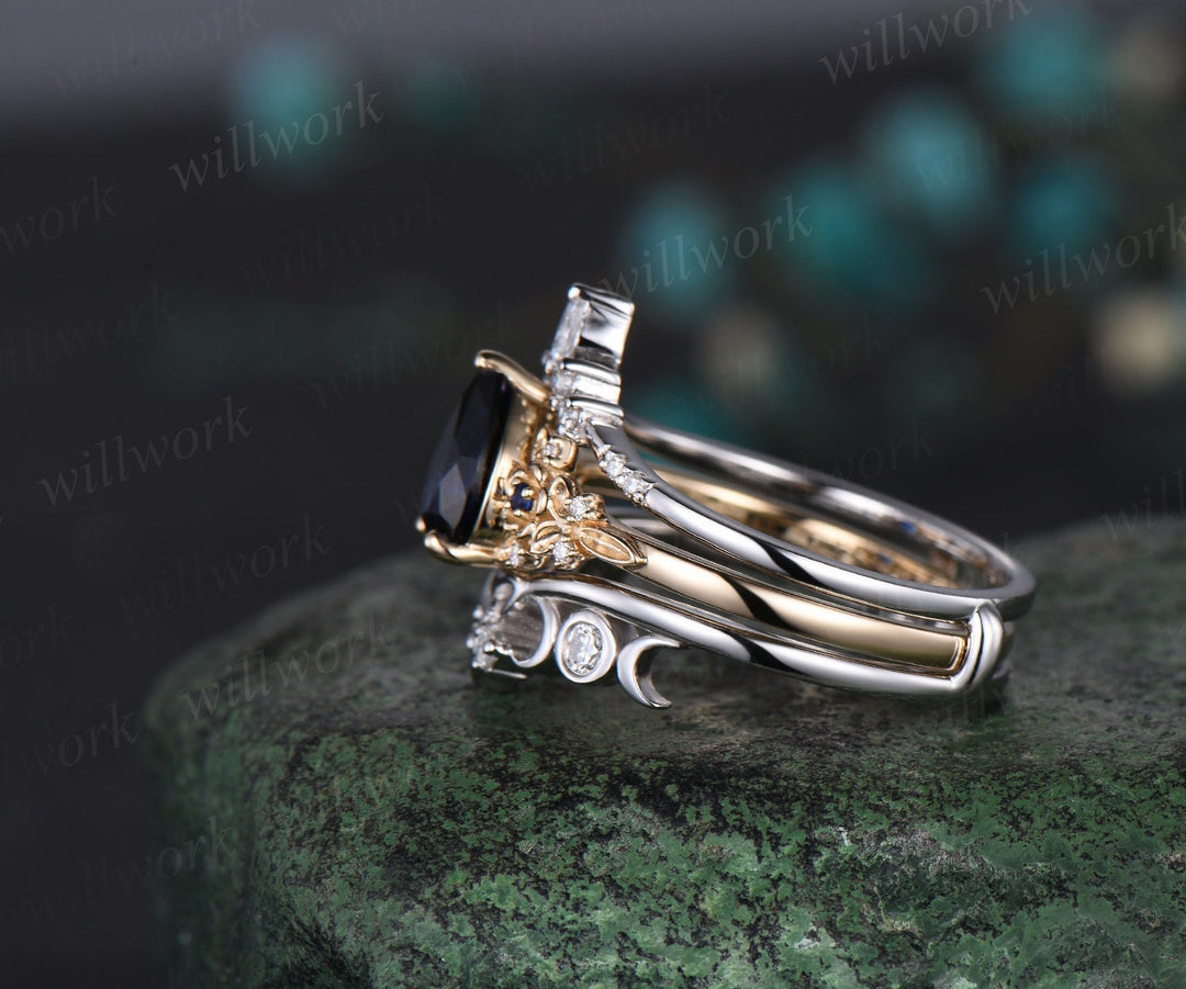 Pear shaped blue sapphire engagement ring leaf floral cluster diamond ring yellow gold wedding band enhancer bridal ring set women gemstone