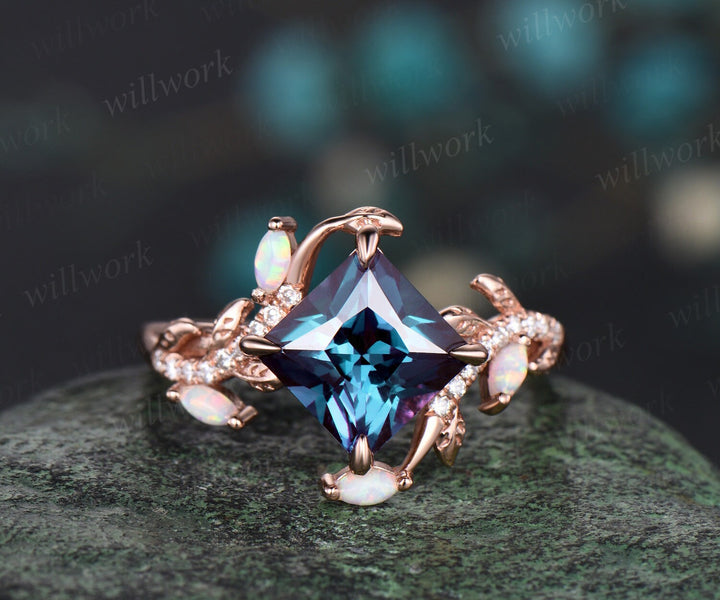 Vintage princess cut alexandrite engagement ring rose gold nature inspired branch half eternity diamond opal anniversary ring women gift