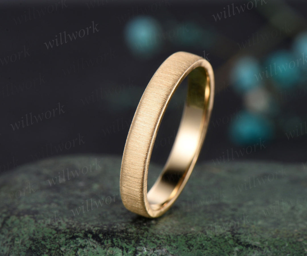 Solitaire brushed wedding band mens solid 14k 18k yellow gold vintage full eternity bridal anniversary ring gift men