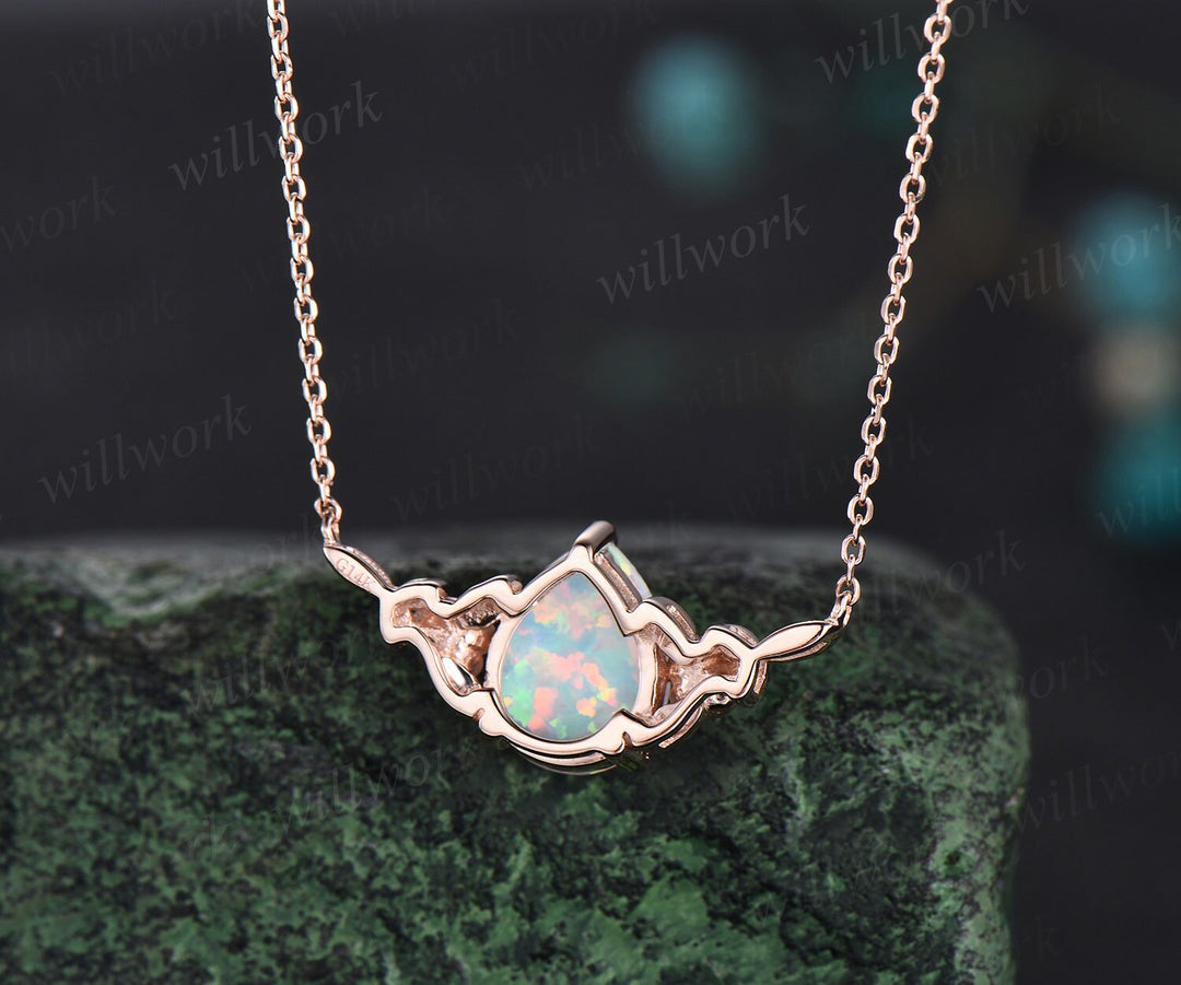 Pear white opal necklace solid 14k rose gold three stone art deco leaf nature inspired amethyst pendant women twig anniversary gift mother
