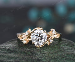 Vintage 1ct round cut IGI Lab grown diamond engagement ring 14k yellow gold leaf five stone diamond anniversary promise wedding ring women gift