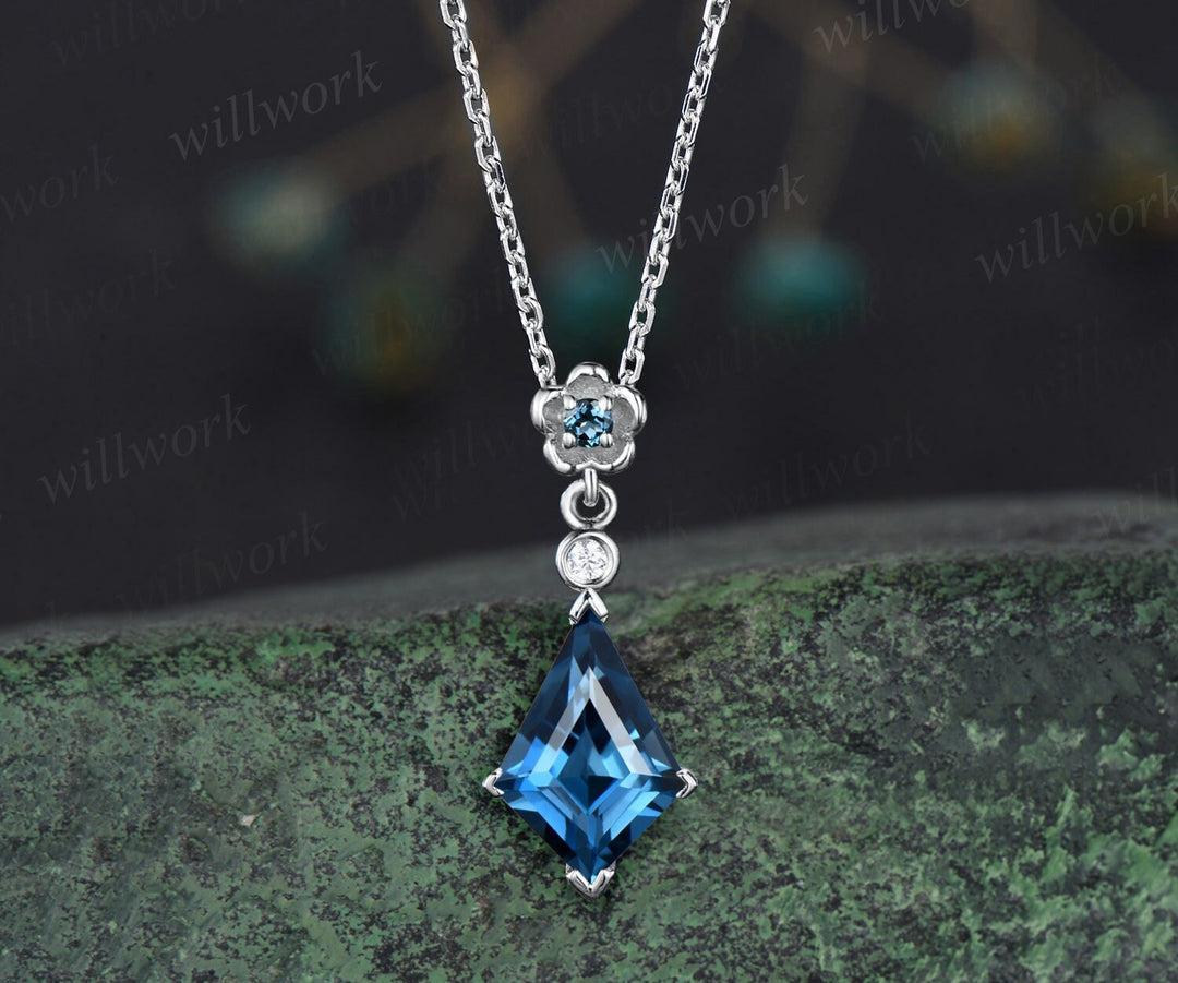Kite cut London blue topaz necklace solid 14k yellow gold bezel diamond floral pendant women her anniversary bridal gift mother jewelry