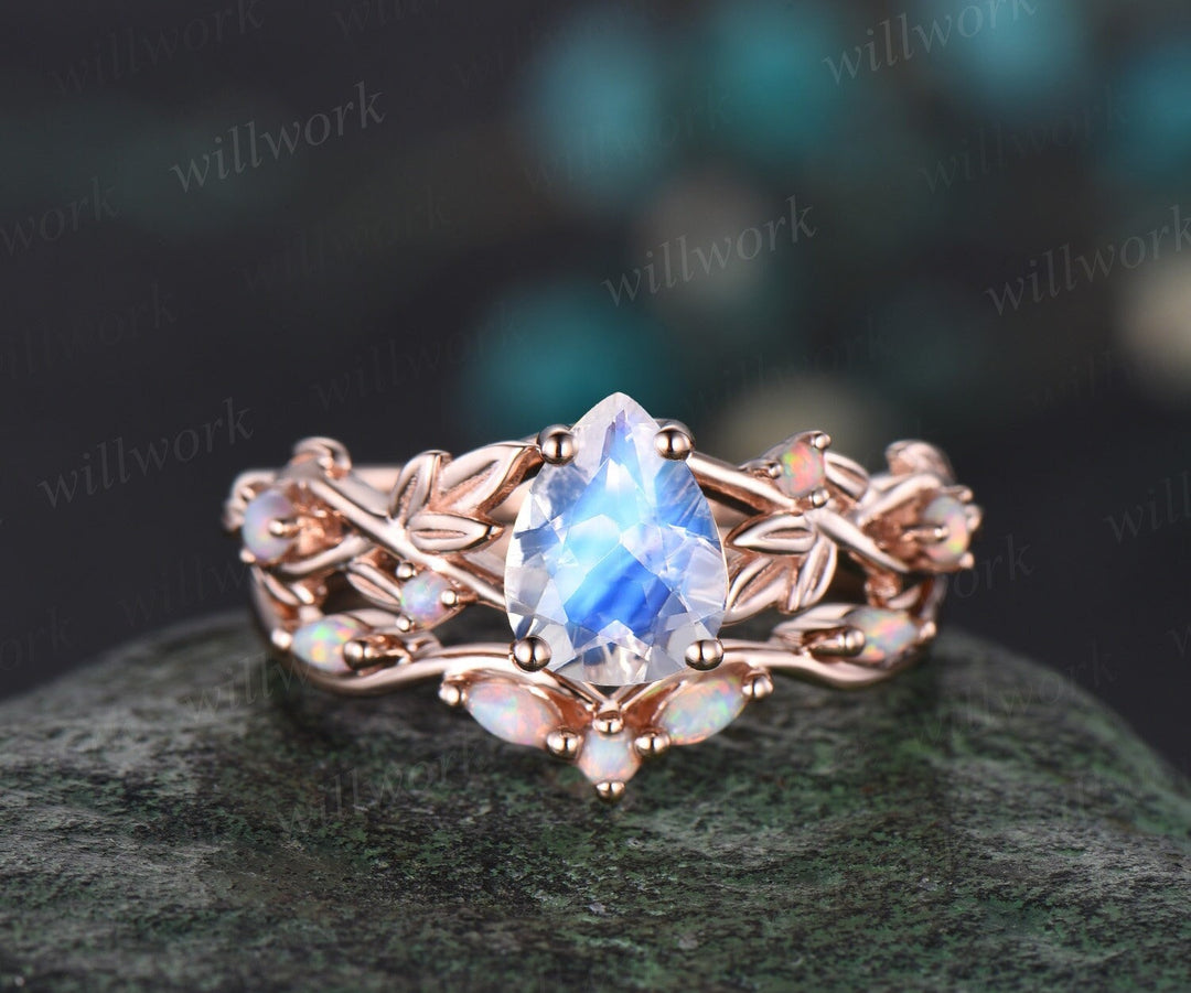 Pear shaped moonstone engagement ring solid 14k rose gold leaf nature inspired opal ring women antique bridal wedding ring set jewelry