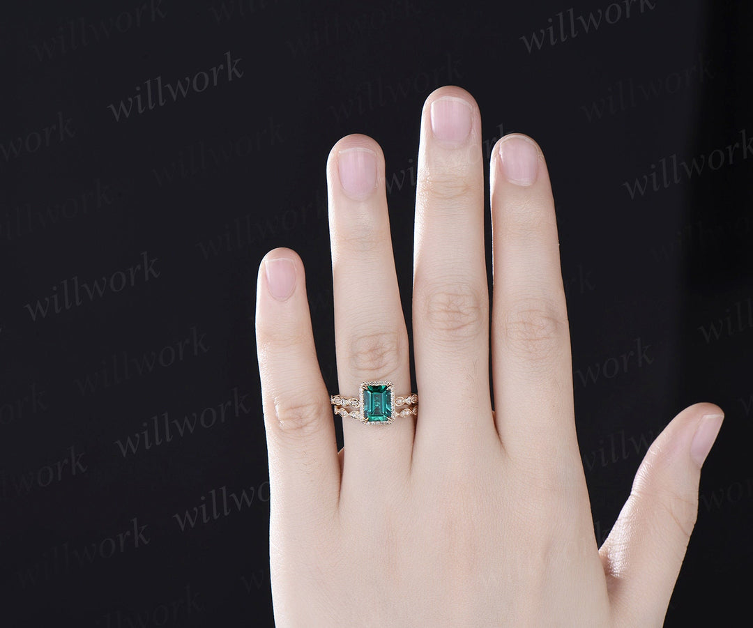 Emerald cut green emerald engagement ring solid 14k yellow gold half eternity marquise milgrain diamond promise wedding ring women jewelry