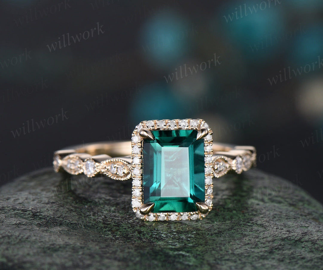 Emerald cut green emerald engagement ring solid 14k yellow gold half eternity marquise milgrain diamond promise wedding ring women jewelry