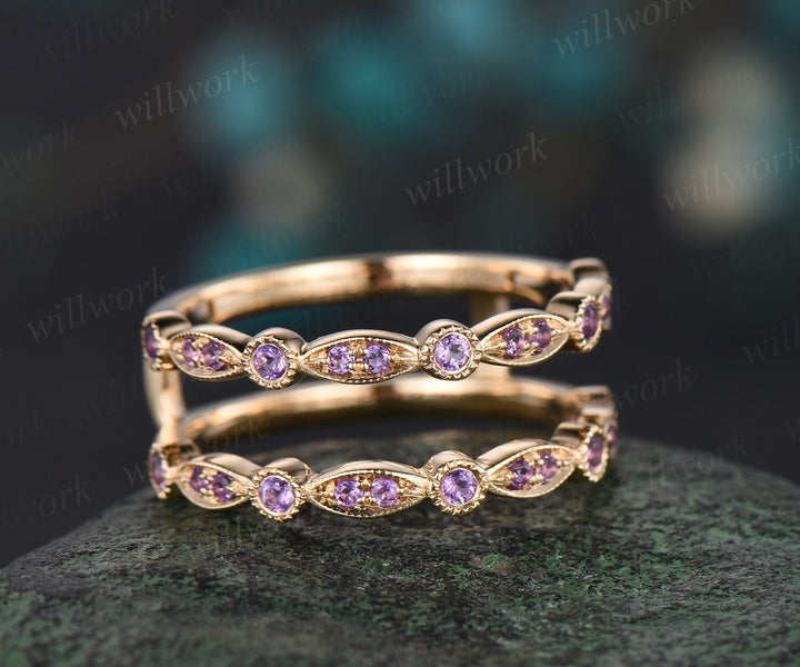 Double purple amethyst wedding band enhancer wraps solid 14k yellow gold half eternity milgrain anniversary ring gift gemstone