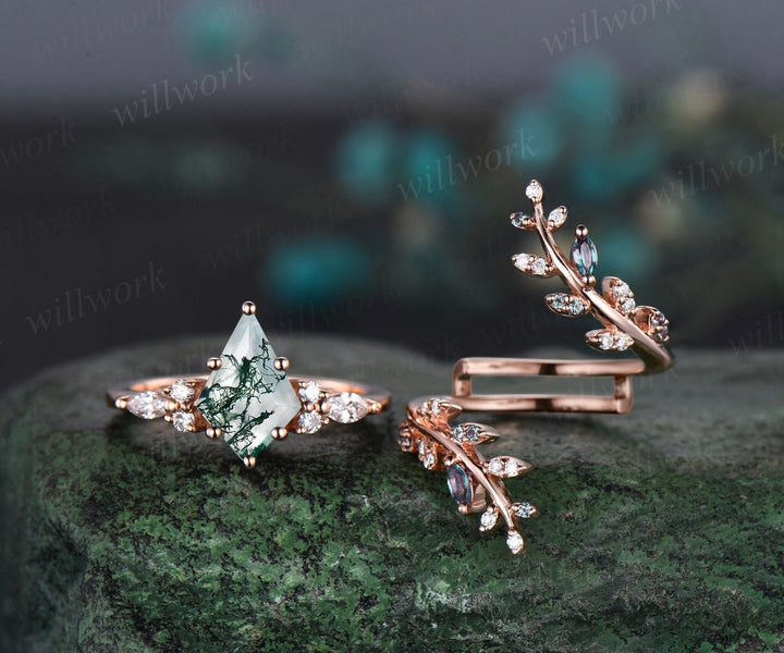 Kite cut moss agate engagement ring rose gold leaf alexandrite diamond wedding band enhancer unique anniversary bridal ring set women