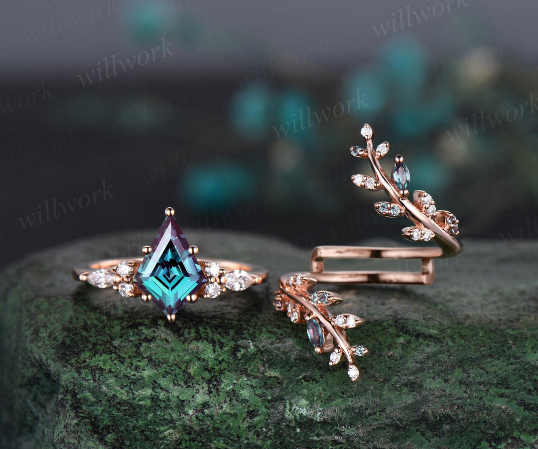 Kite cut alexandrite engagement ring rose gold leaf cluster diamond wedding band enhancer unique anniversary bridal ring set women jewelry