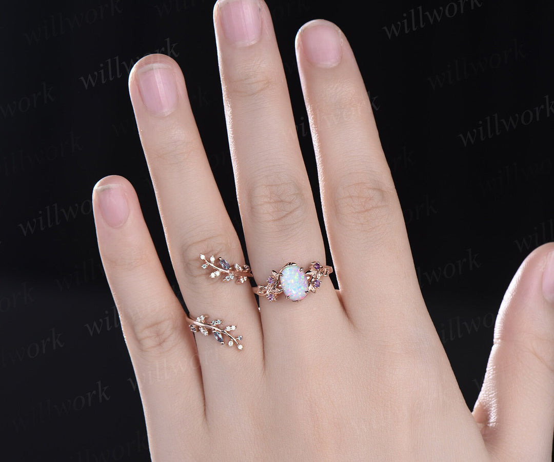 Vintage oval white opal engagement ring nature inspired leaf amethyst ring rose gold alexandrite wedding band enhancer bridal set women