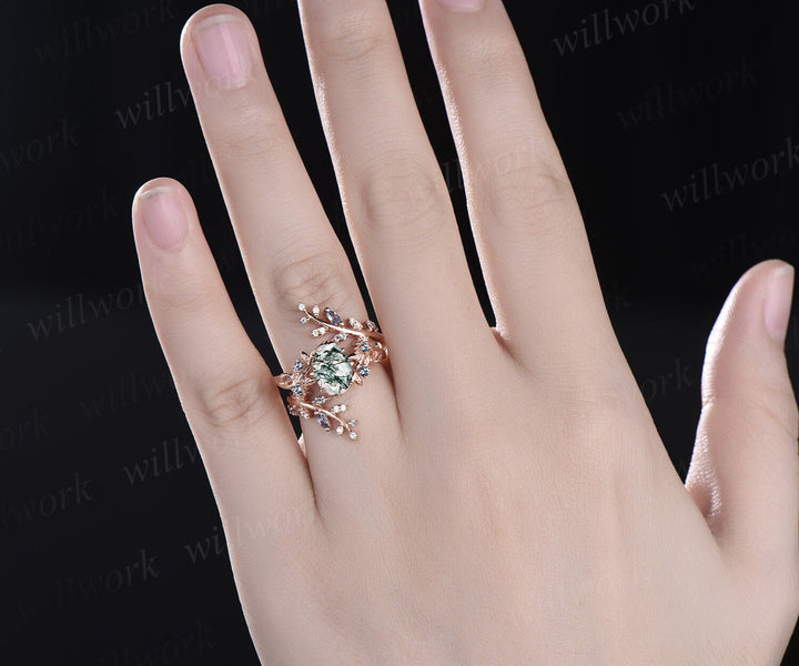 Twig oval cut moss agate engagement ring nature inspired leaf alexandrite ring rose gold twisted anniversary wedding ring set women gift