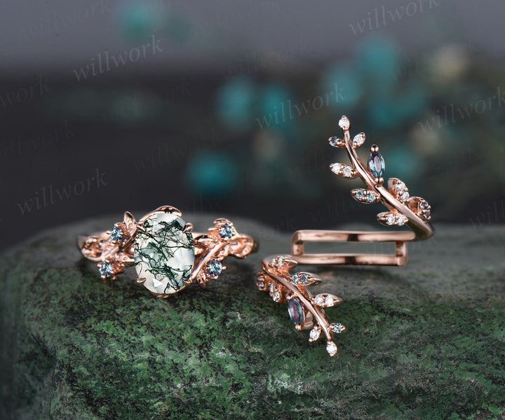 Twig oval cut moss agate engagement ring nature inspired leaf alexandrite ring rose gold twisted anniversary wedding ring set women gift