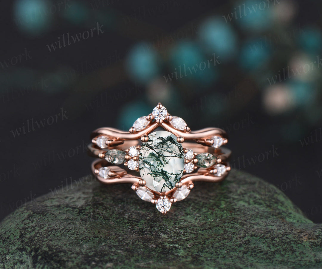 Vintage oval cut moss agate engagement ring rose gold Double diamond wedding band enhancer unique wedding bridal ring set women jewelry