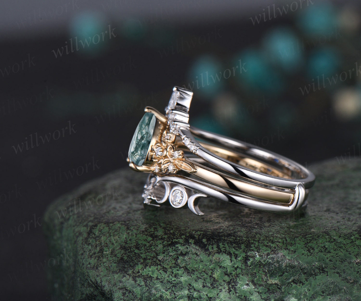 Rose Gold Moss Agate Ring Sterling Silver Wedding Ring Women Unique Moissanite Flower Band Prongs Set Aquatic Green on sale Agate Promise Ring