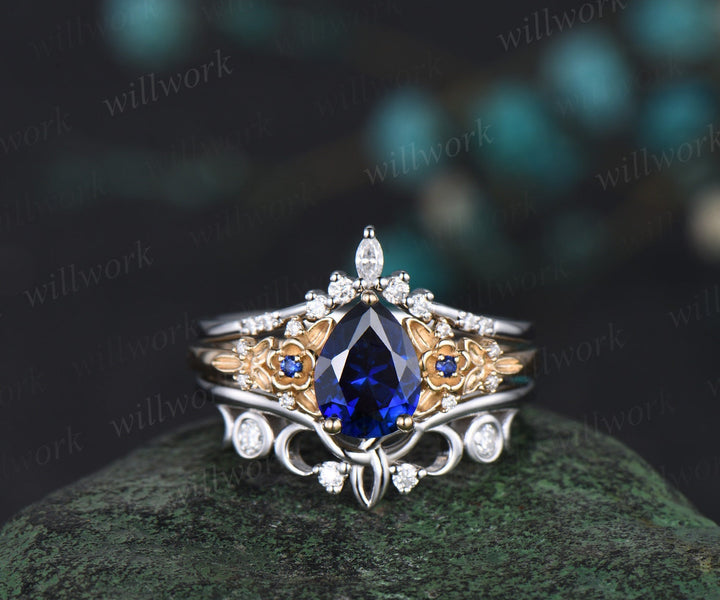 Pear shaped blue sapphire engagement ring leaf floral cluster diamond ring yellow gold wedding band enhancer bridal ring set women gemstone