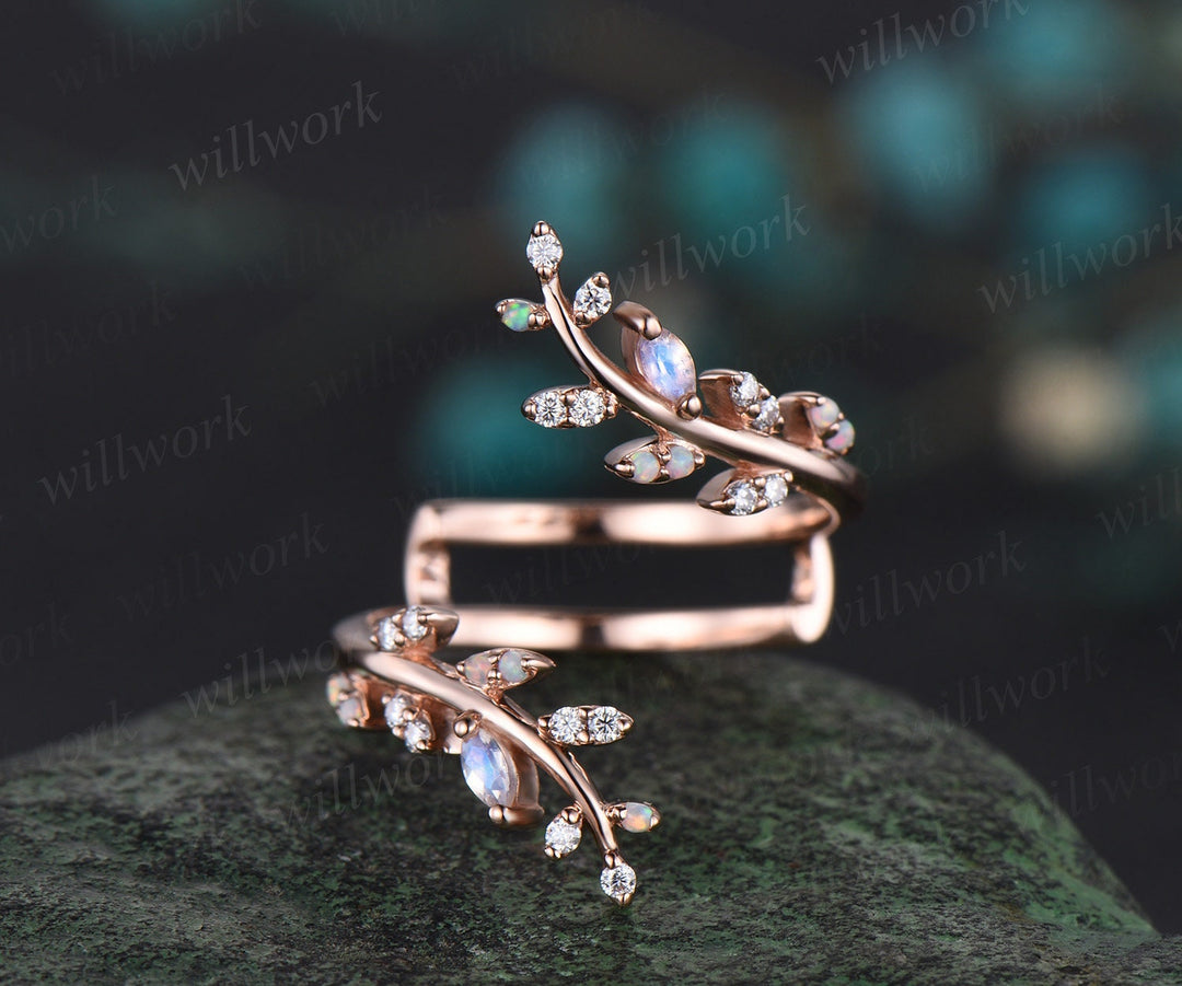 Opal moonstone leaf wedding band enhancer wraps solid 14k rose gold cluster double open gap diamond ring women art deco anniversary gift